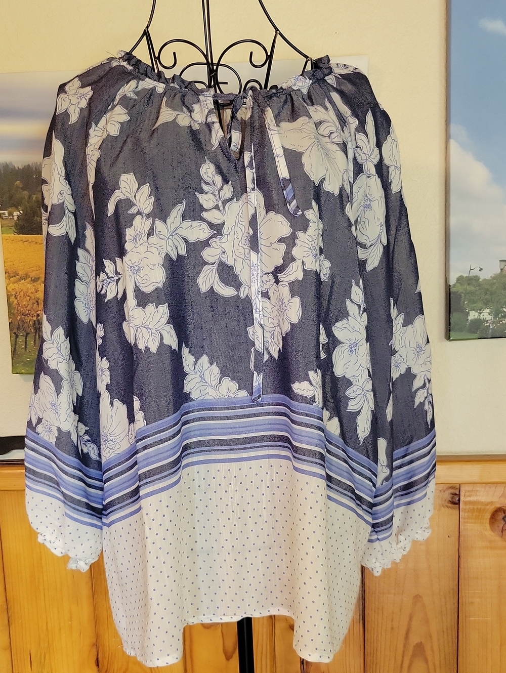 Blue Floral Peasant Blouse with Tie Neck